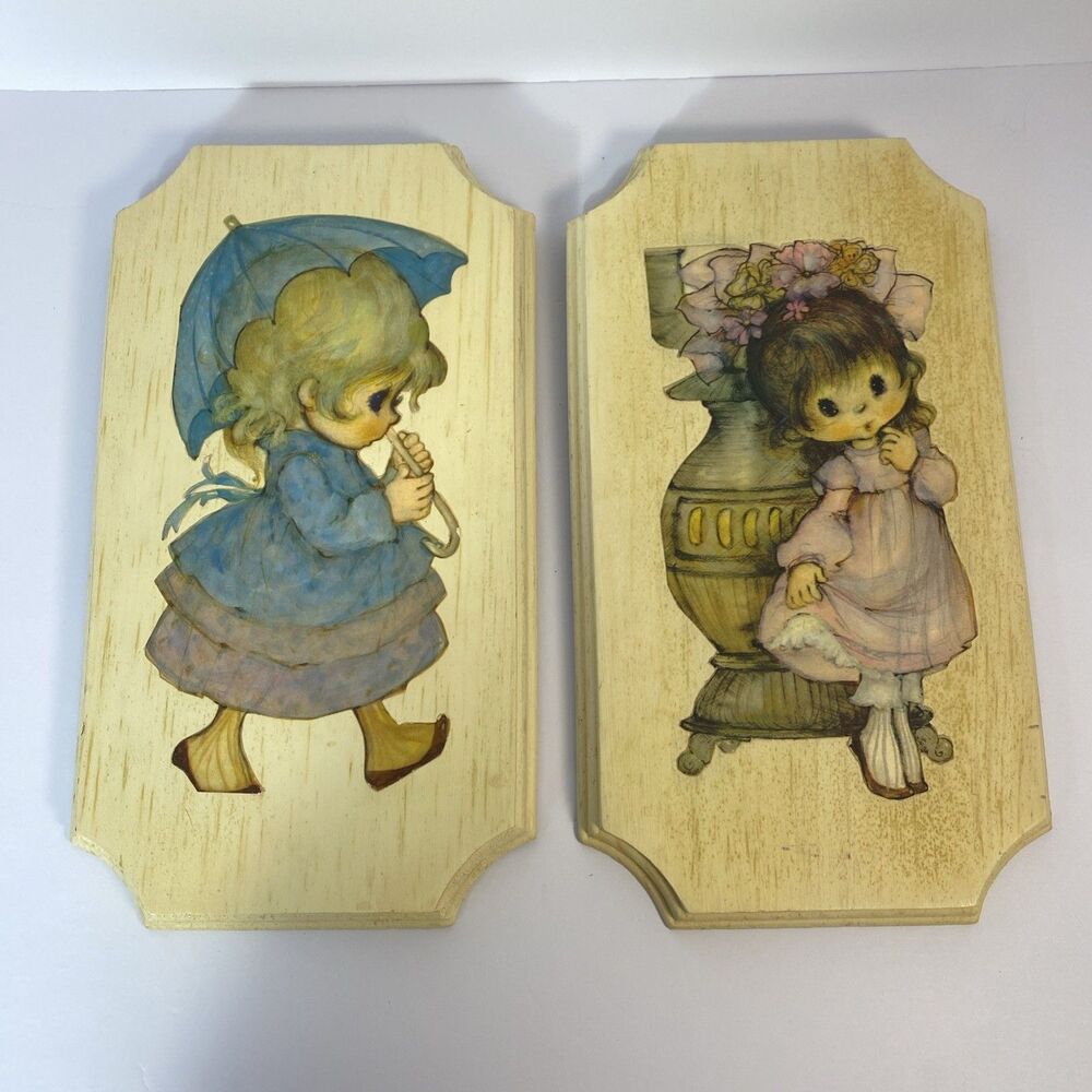 2x Vintage Handmade Wood Wall Plaques 12" Cottage Kitsch Decor Big Eyed Girl